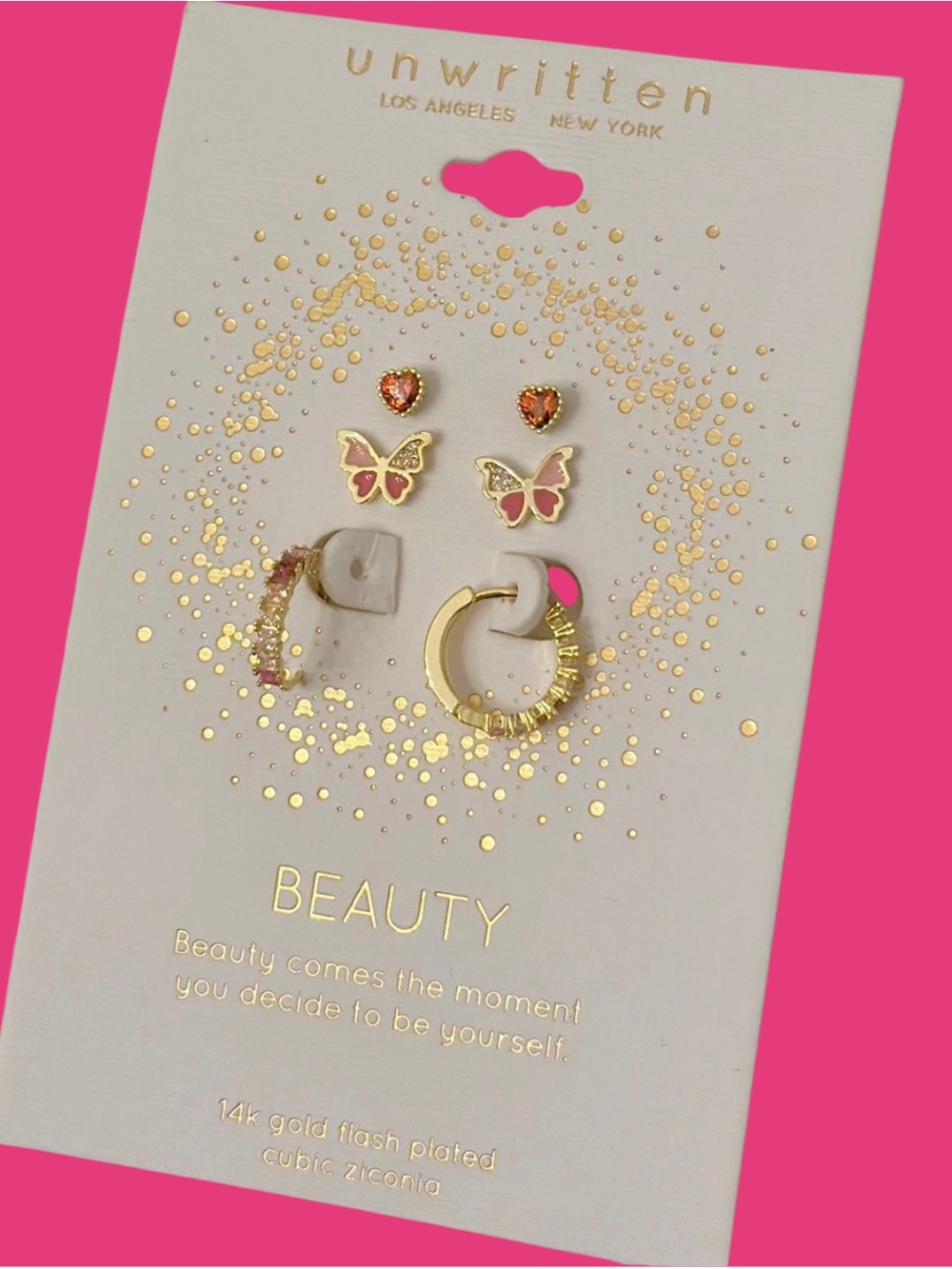New Unwritten CZ & 14k Gold-Flash Plated Butterfly Heart & Hoops Earring Set NWT